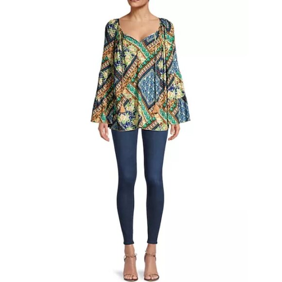 Johnny Was 'Miza' Patchwork-Print Bell-Sleeve Tunic Top, Multicolor - Picture 1 of 6